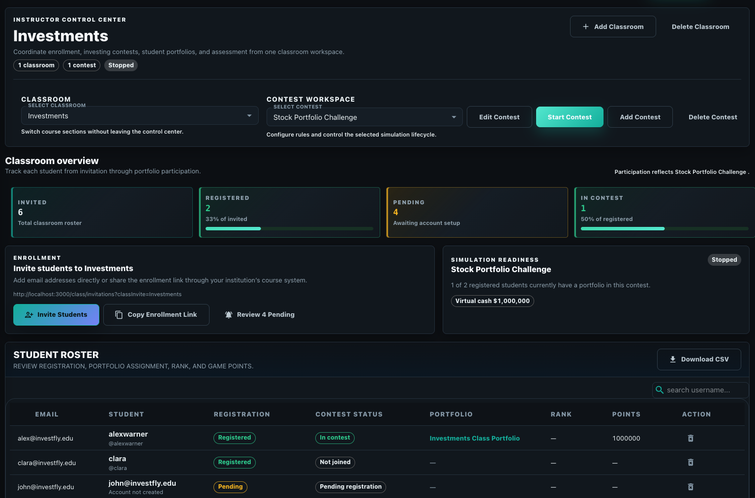 Investfly Instructor Dashboard showing classroom enrollment, lab controls, managed student portfolios, invitations, and the student roster