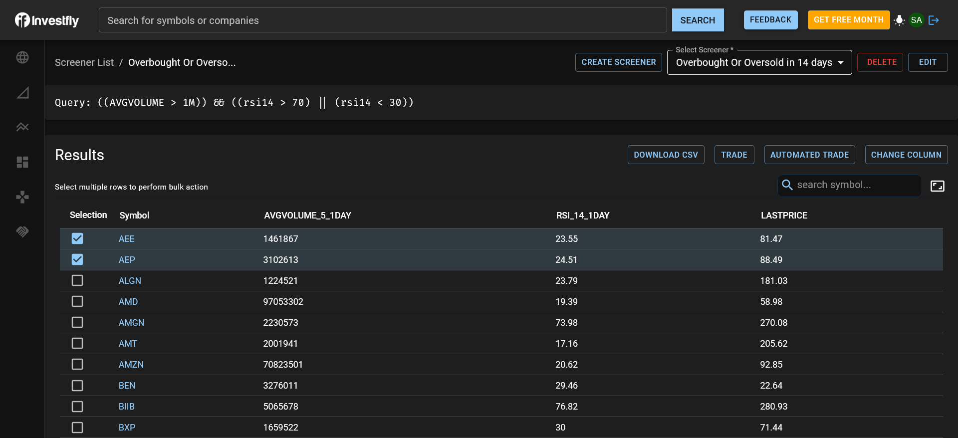 Investfly Screener Builder with universe and condition controls