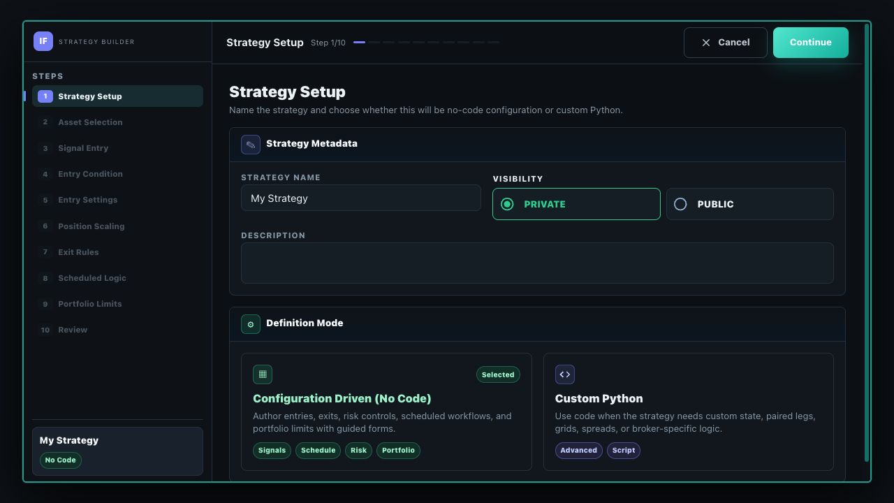Investfly Strategy Builder showing the guided Standard Strategy steps