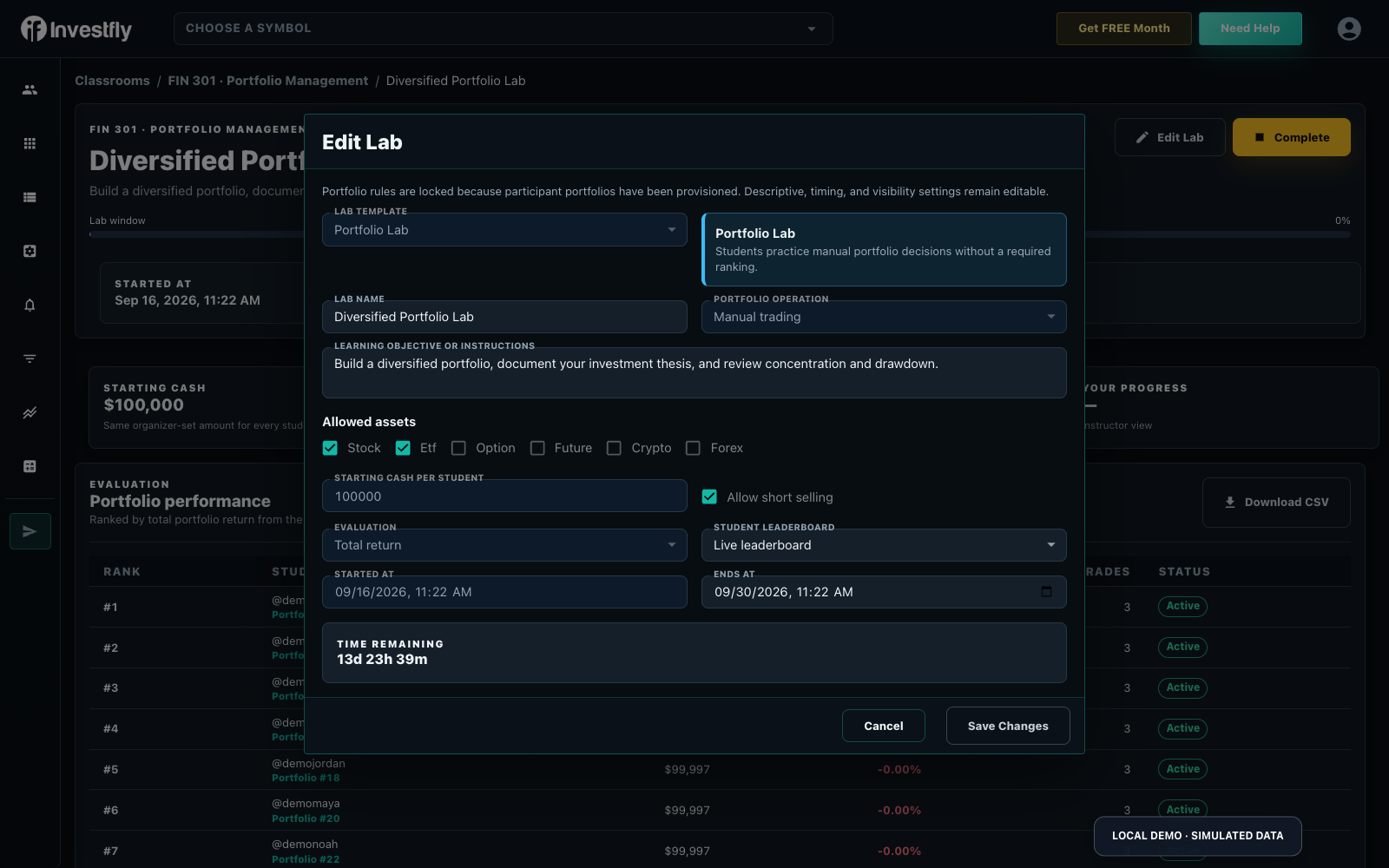 Activity settings for timing, assets and result visibility