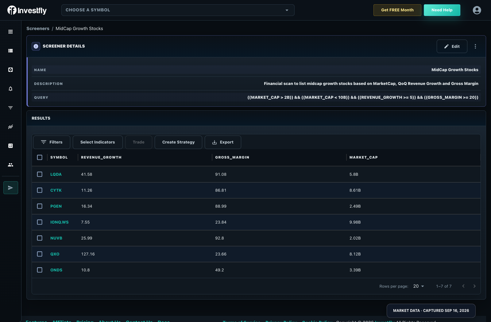 Investfly stock screener showing a saved company-growth query, matching symbols, and financial result columns