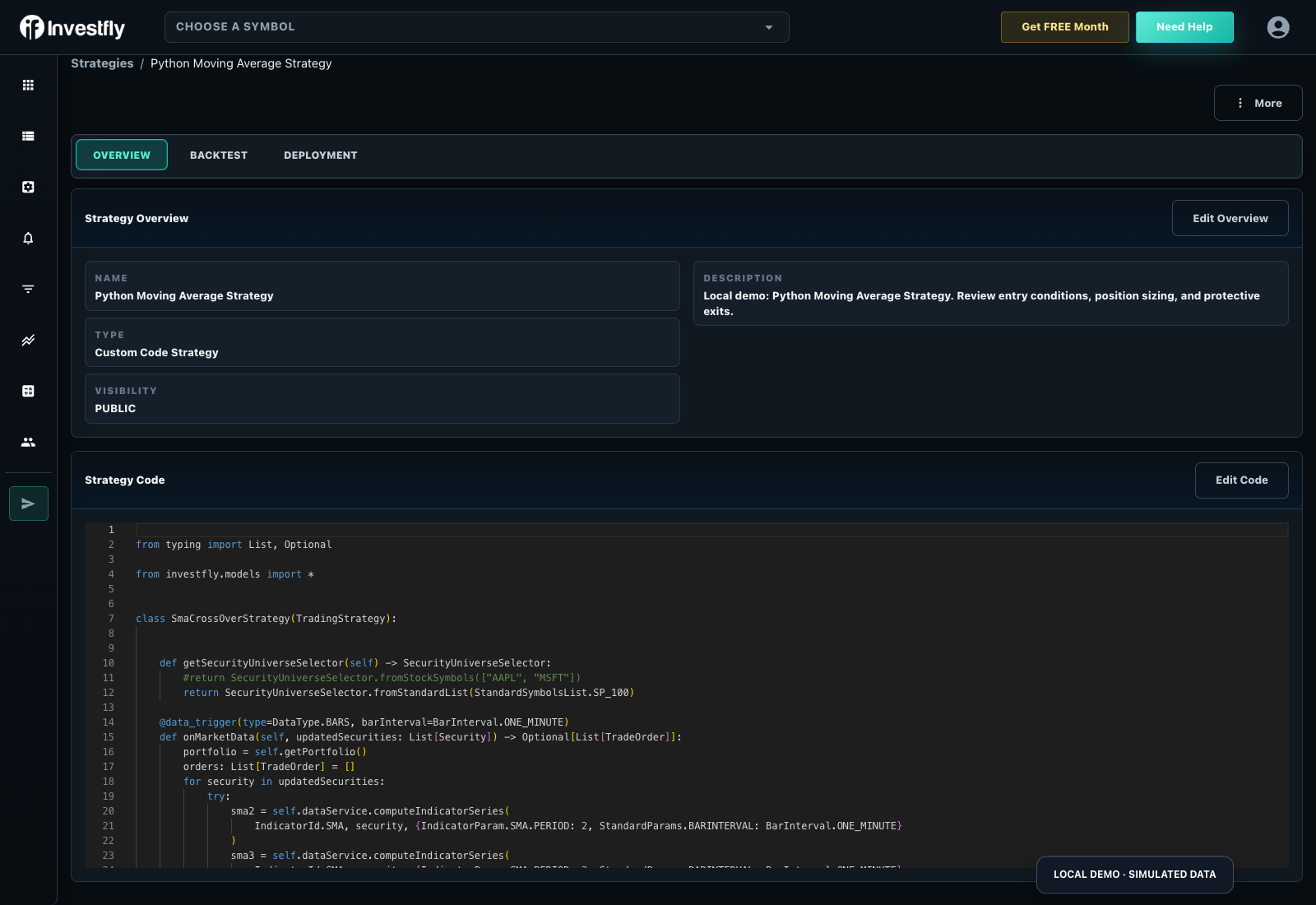 Python editor with strategy code and testing views