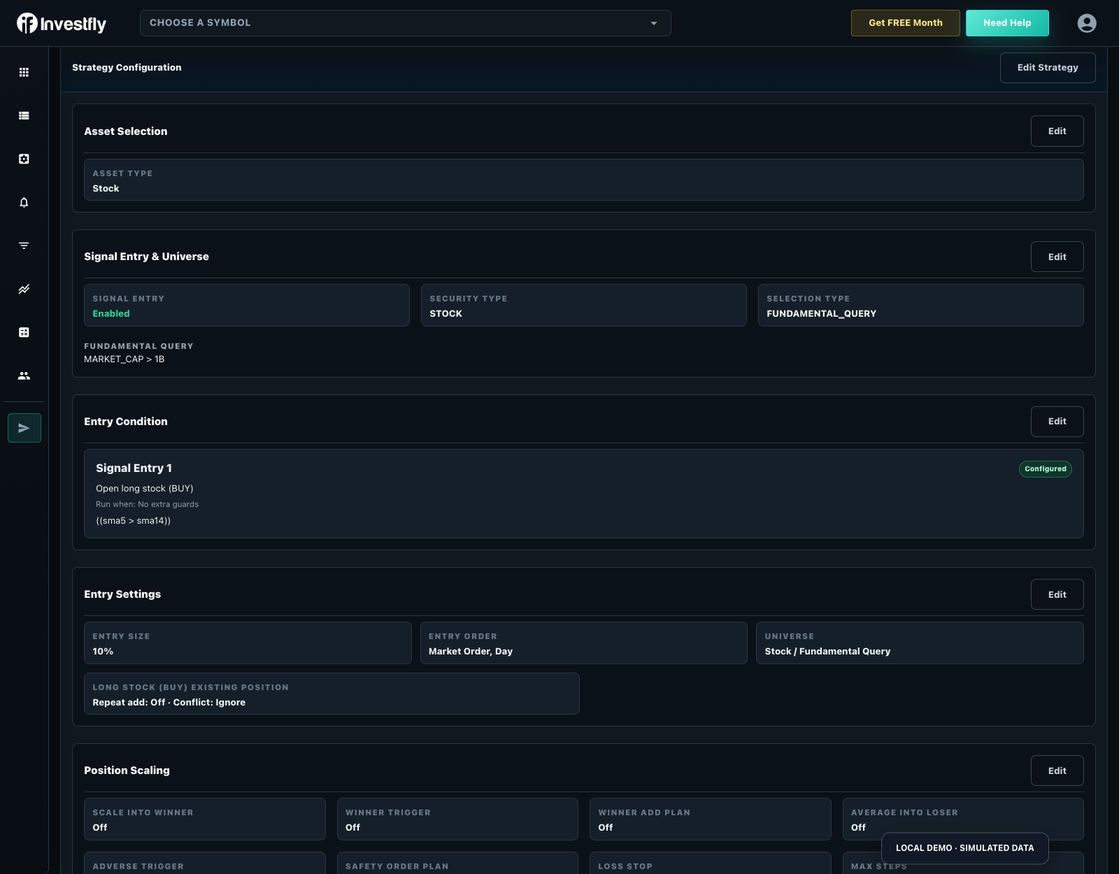 Investfly stock strategy overview showing a universe, entry conditions, and position sizing