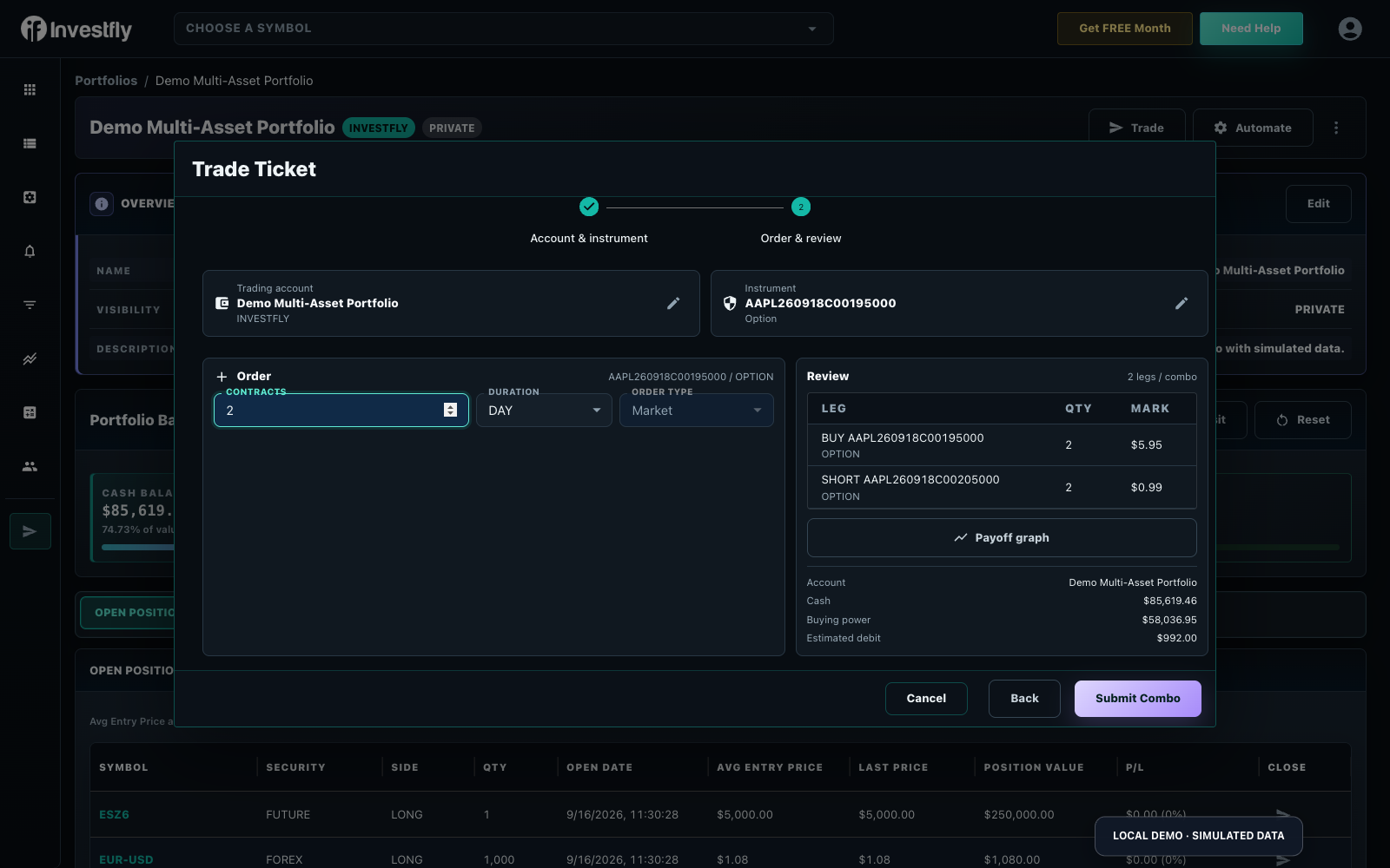 Multi-leg options order review with legs, quantity and estimated debit