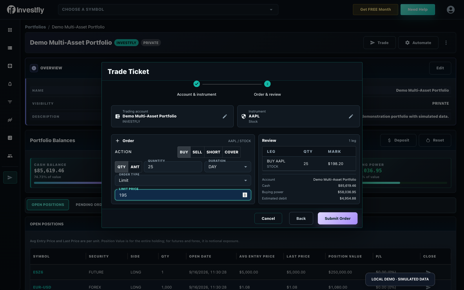 Paper stock limit-order ticket and cost preview